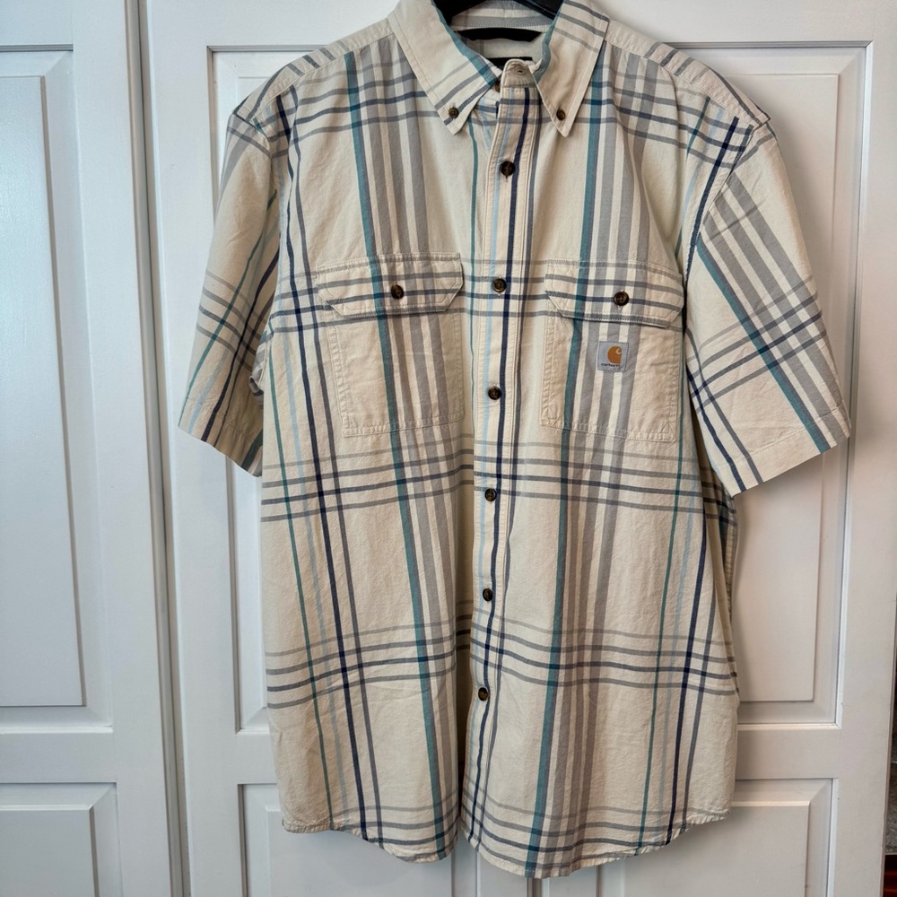 Carhartt Cream and Blue Casual Short Sleeve- Button Down-‎ Loose Fit- Size Large - Picture 2 of 10